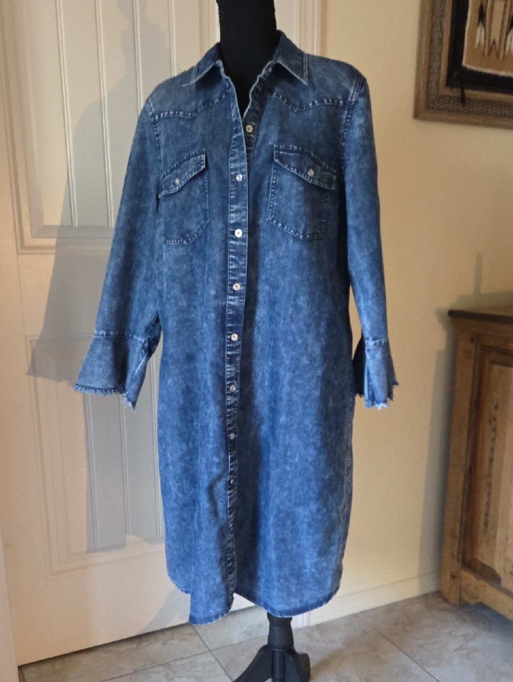 given kale Denim Front Button Up Long Sleeve Ruffle Dress, Color: Blue, Size XL